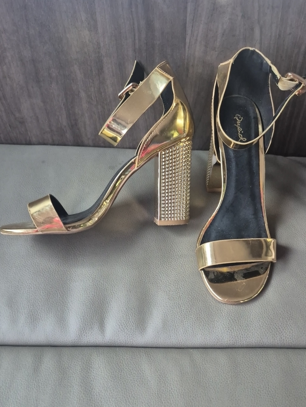 Qupid Metallic Gold Block Heel Ankle-Strap Sandals